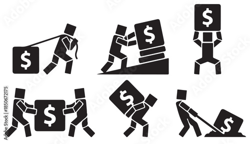 Set of abstract business icons representing financial concepts and money management challenges.
