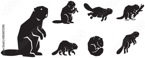 Collection of black silhouette illustrations of beavers in various poses and activities.