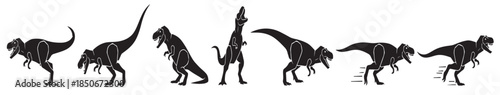 Sequence of dinosaur silhouettes showing different poses and movements, including standing, walking, and roaring.