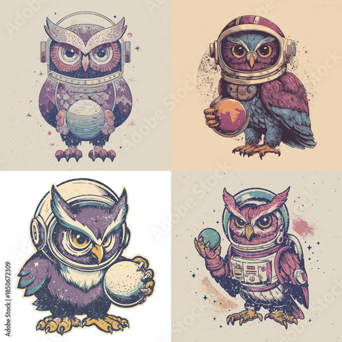 Cute owl characters in astronaut and explorer outfits illustrated in soft textured style combining intelligence curiosity and playful storytelling charm.