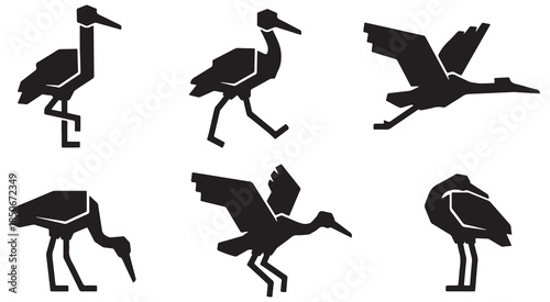 Set of stylized geometric silhouettes of cranes in various poses, isolated on a white background.