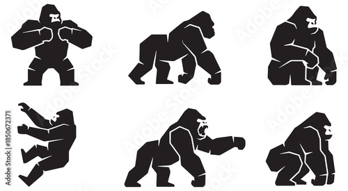 Collection of stylized gorilla silhouettes in various dynamic poses, representing strength and power.