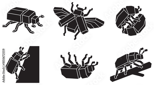 Collection of stylized geometric beetle icons in black and white, depicting various actions and poses.