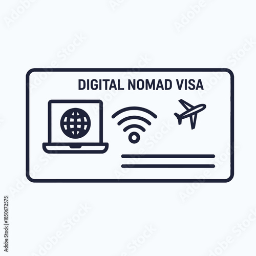 Digital nomad visa concept with laptop, Wi-Fi, and airplane icons