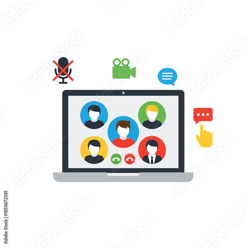Online video conference meeting on laptop with diverse team members