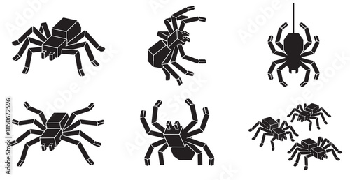 Collection of stylized isometric spiders in black and white, representing different poses and quantities.