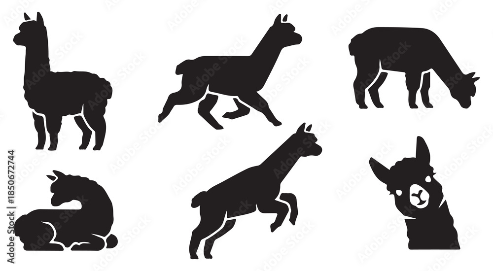 Fototapeta premium Collection of six black silhouette illustrations of llamas in various poses on a white background.