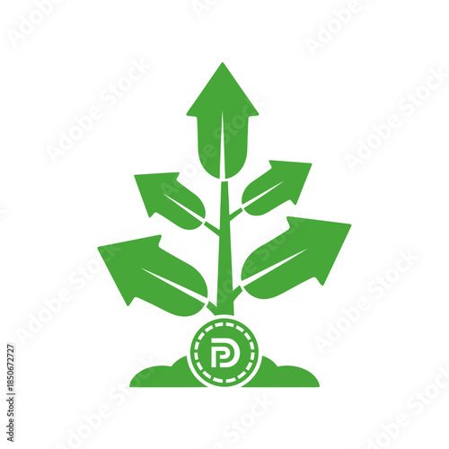 Green plant growing with arrows pointing up and outwards, symbolizing growth and success