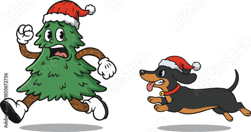 Funny Christmas Tree Running Away from Dog Wearing Santa Hat Vector