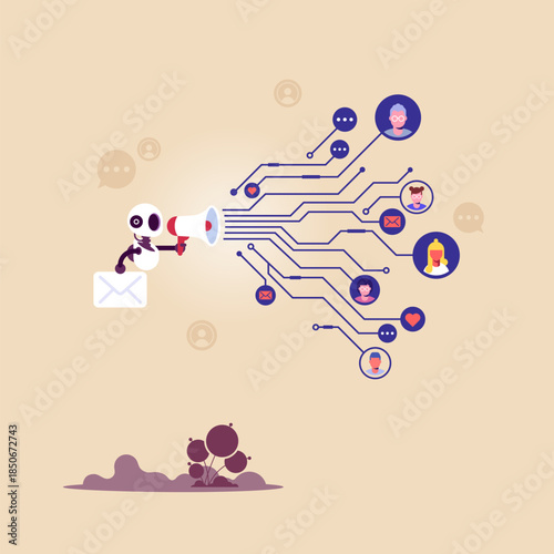Artificial intelligence in digital marketing, use artificial intelligence in social media, AI robot holds megaphone to communicate a discount promotion to customers