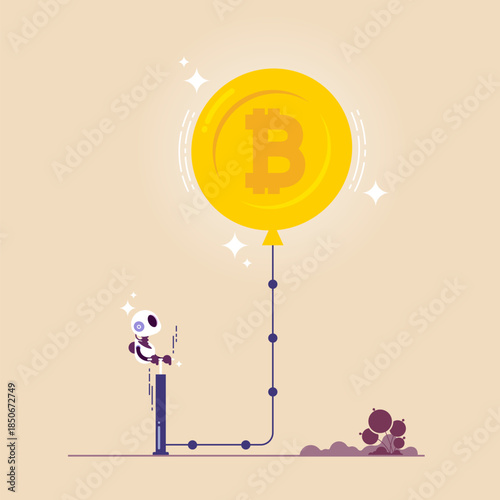 Robot using a pump to inflate cryptocurrency, artificial Intelligence help and support cryptocurrency Investment, extracting cryptocurrency bitcoin with advanced technology