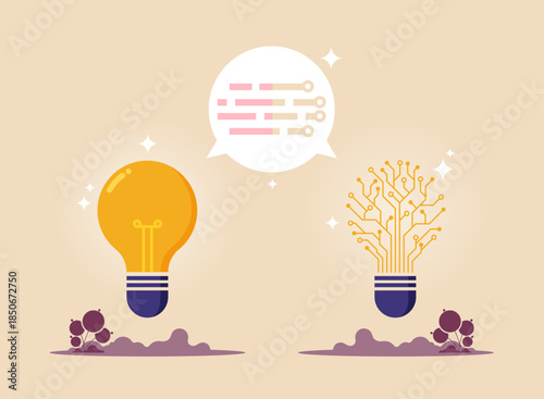 Human collaboration with artificial intelligence, artificial Intelligence sharing ideas. robot and human cooperation or brainstorming with AI