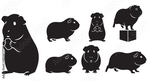 Collection of black silhouette illustrations of guinea pigs in various poses and activities.