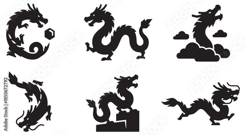 Collection of stylized black dragon illustrations in various poses and designs.