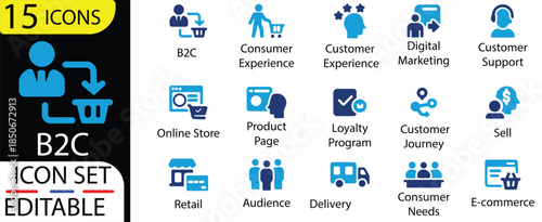 B2C icon set. Business to consumer, e-commerce, customer service, retail, digital marketing, direct sales, customer experience, online store and more. Solid vector icons collection.