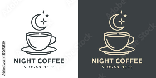 Night coffee logo design illustration. Coffee cup design with moon and star vector symbol inspiration.