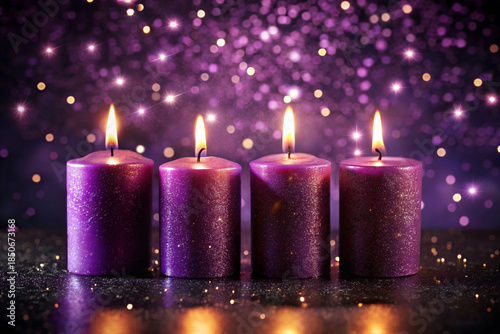 Advent Candles - Four Purple Candlelights Glowing In Shiny Dark Background With Glittering And Abstract Lights
