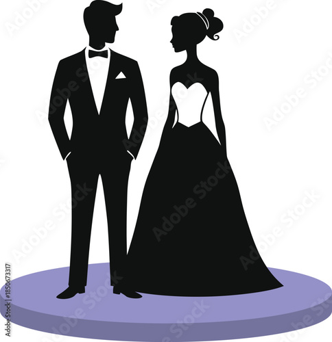 Silhouettes of bride and groom on pedestal wedding couple
