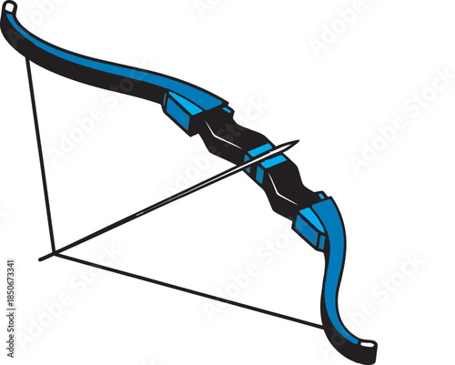 Vibrant blue and black vector illustration of a modern recurve bow with a nocked arrow. This sleek sports graphic is perfect for archery club logos, hunting brand identity, and sporting goods design.