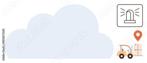 Cloud dominating the scene, forklift carrying boxes, location pin for tracking, alert icon symbolizing emergency response. Ideal for logistics, cloud computing, tracking, emergency systems, delivery