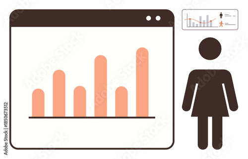 Bar chart with rising data bars on screen, female figure referencing demographics. Ideal for data analysis, gender studies, demographic trends, population research, equity comparison, educational