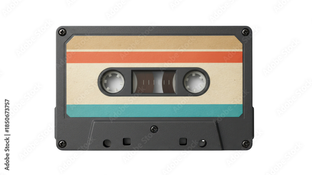 Naklejka premium Retro compact cassette tape with red and teal label stripes, analog audio media closeup, isolated on white background