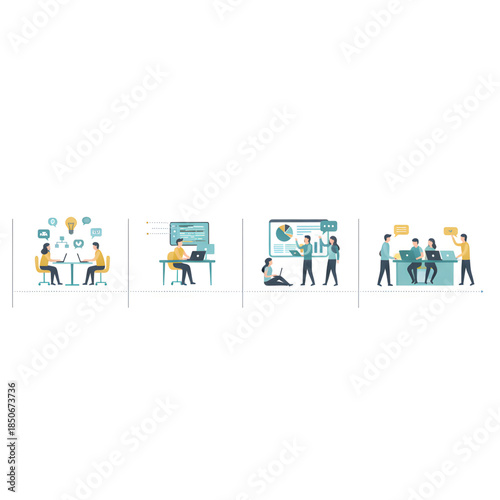 vector illustration of office workers arranged along a horizontal timeline, each stage showing different work activity like planning, execution, review, collaboration