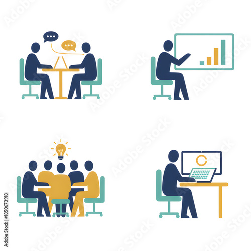 ultra-minimal vector illustration using simplified human silhouettes working in office scenarios