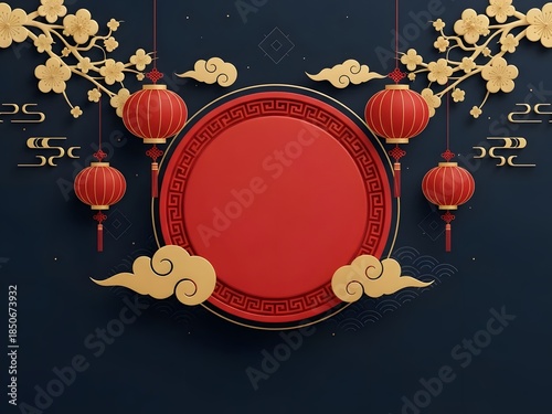 Elegant Chinese New Year Background with Red Lanterns, Gold Sakura and Clouds on Dark Blue Surface