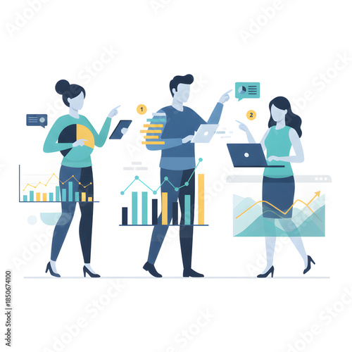 vector illustration of people made partially from charts, graphs, and data elements, analytics and business intelligence theme