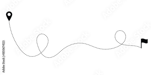 Dotted line art with location pointer and flag, address, map pointer sign on isolated background. Travel map icon with curve dotted path