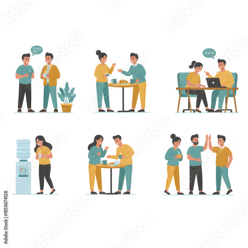 vector illustration capturing small office culture moments — quick chats, smiles, coffee breaks, teamwork