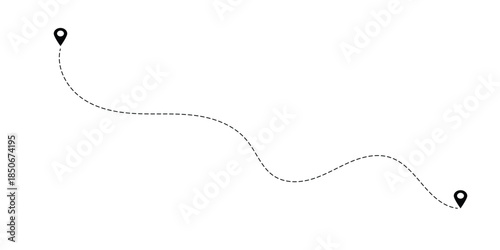 Dotted line art with location pointer, address, map pointer sign on isolated background. Travel map icon with curve dotted path