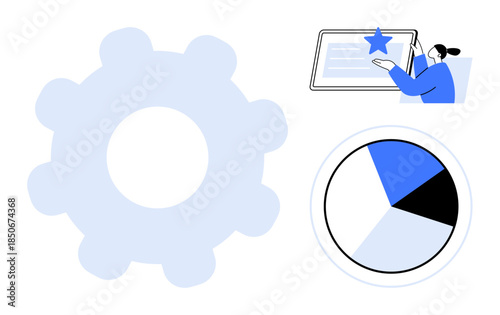 Business strategy, analytics, performance optimization, data visualization, digital solutions, teamwork. Gear, pie chart and person with a digital interface. Analytics and business strategy