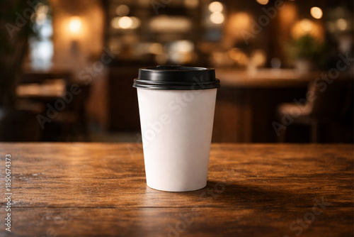 Foto A white disposable coffee cup with a black lid sits on a rustic wooden table in a dimly lit cafe, with blurred background lights