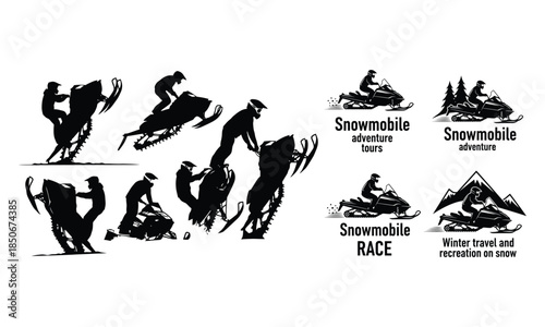 Collection of snowmobile action silhouette graphics for winter sports
