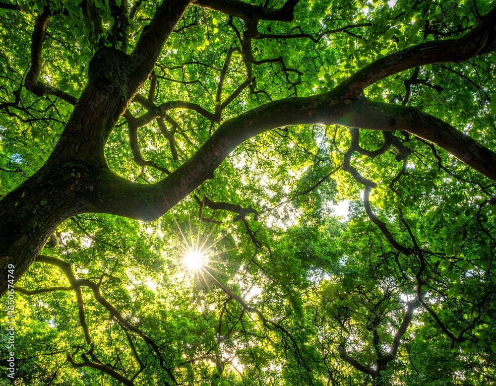 Fototapeta premium Looking up at a sunlit canopy, with branches and bright leaves