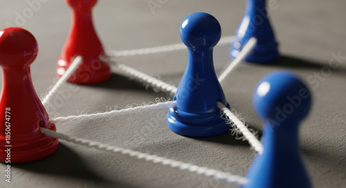 Red and blue pawns are linked by white string on a textured gray surface, symbolizing a network or connection. Dramatic lighting highlights the strategic arrangement.