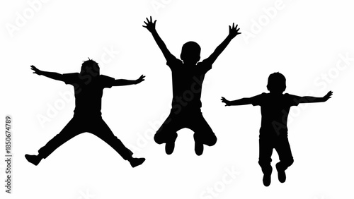 Three Silhouettes of Children Joyfully Jumping in the Air.