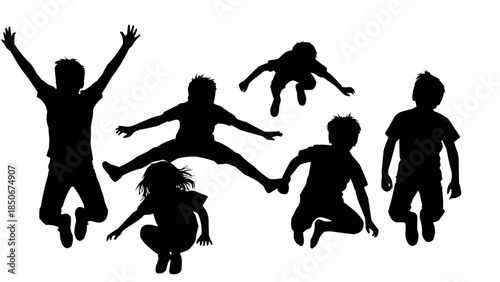 Diverse group of children silhouetted mid-air jumping and playing together.