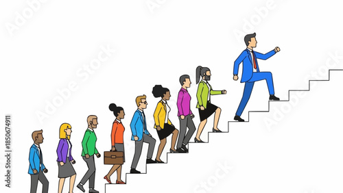 Diverse group of people climbing stairs led by a businessman.