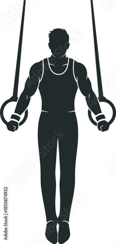 Professional male gymnast silhouette vector performing on still rings. Perfect for gymnastics competition branding, fitness club logos, Olympic sports designs, and strength training.