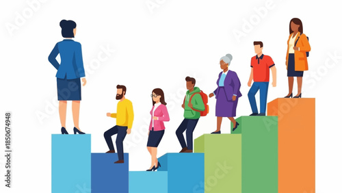 Diverse group of people climbing stairs representing career growth and success.