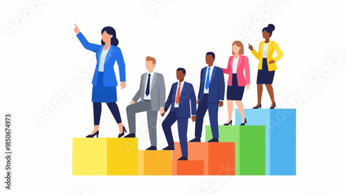 Diverse group of business professionals climbing stairs symbolizing success and teamwork.