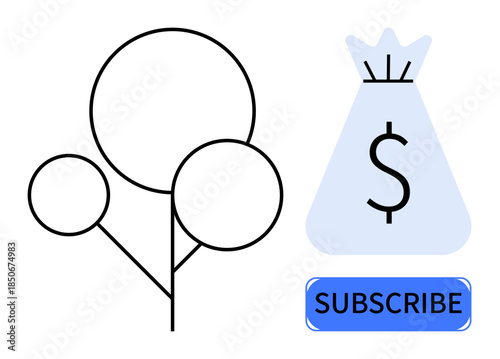 Dollar symbol on money bag with subscribe button beside circular tree, combining growth and financial ideas. Ideal for financial plans, budgets, subscriptions, nature economy, investments, digital