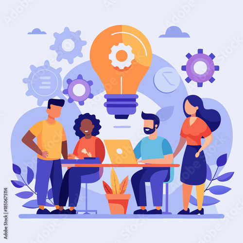 Teamwork and Innovation: A creative team collaborates around a table, brainstorming ideas with a giant light bulb illuminating their vision, surrounded by gears and plant elements.