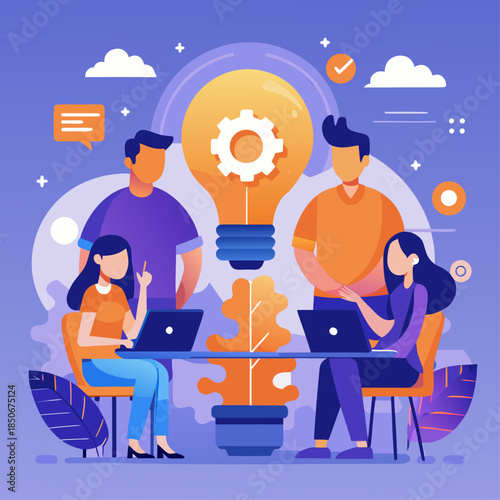 Idea Generation: A vibrant illustration of a collaborative team sparking innovative ideas with a central light bulb symbolizing creative solutions