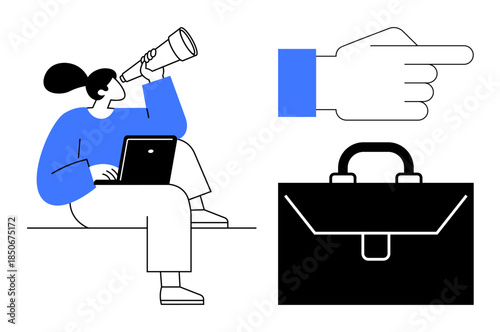 Career strategy, leadership, team-building, decision-making, entrepreneurship, future planning. Person using a telescope, a pointing hand and a briefcase. Career strategy and leadership concept