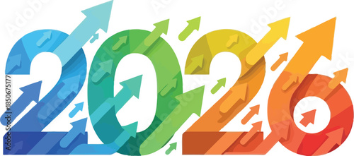 Concept of year 2026 growth and upward trend represented by colorful arrows symbolizing business progress and success