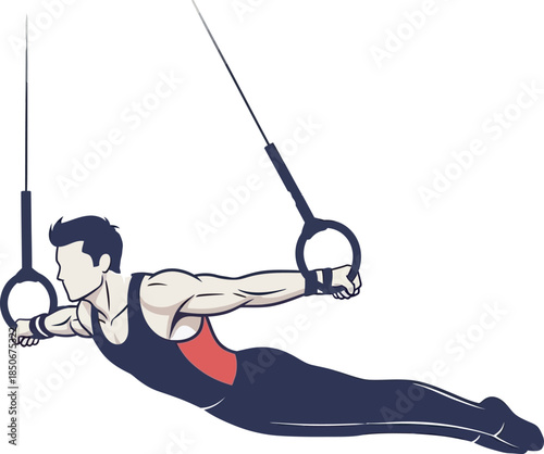 Fitness and gymnastics designs. Professional vector illustration of a male gymnast performing a "Swallow" or "Iron Cross" on still rings. Perfect for workout apps, sports posters, and logos.